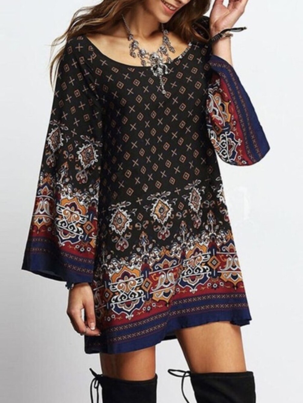 Womens Bohemian Floral Print Tiered Dress Size L Black Boho Retro 90s Y2K Casual